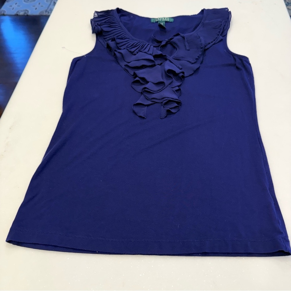 Lauren Ralph Lauren Women’s Ruffled Front Sleeveless Top Navy Sz S/P NWOT - Picture 8 of 9